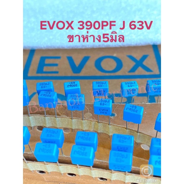 (แพ็คละ10ตัว) C 390PF 63V 390PJ63V EVOX PFRสีฟ้า ขาห่าง5มิล เกรดอย่างดี Cโพลีขา5มิล Cโพลี 390PF63V ค