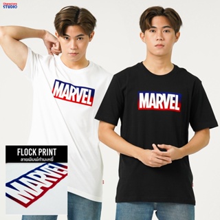 Marvel Men Logo T-Shirt Flock Print - เสื้อมาร์เวลผู้ชายพิมพ์กำมะหยี่ สินค้าลิขสิทธ์แท้100% characters studio