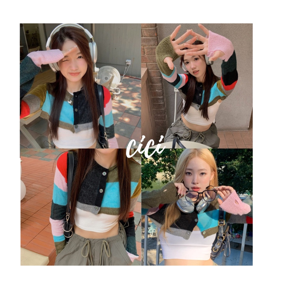 ส่งทันที Cici ❣🇹🇭🚚พร้อมส่ง❣(07873)เสื้อไหมพรมครอปแขนยาว ลายทางกระดุมหน้าแบบ basic แต่มีกิมมิคตรงเนื้อผ้า