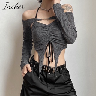 Insker- เสื้อกล้าม ผู้หญิง สีพื้น, เชือกแขวนคอ แขนกุด เชือกผูก เปลือยหลัง เสื้อกั๊ก แขนยาว คอเรือ ยักษ์ เสื้อครอป