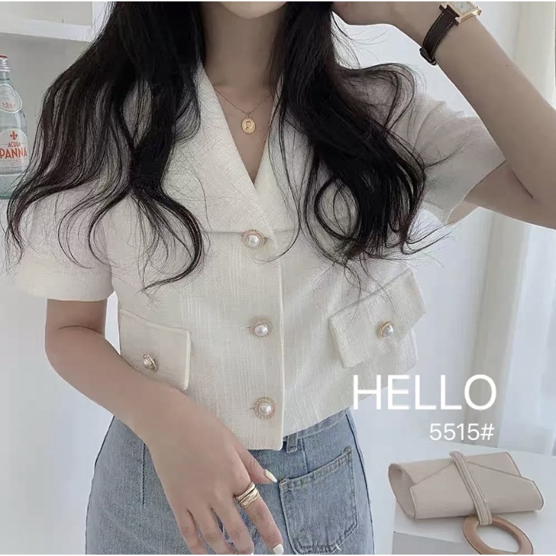 5515# New Collection เสื้อครอป ปกฮาวาย แขนสั้น ผ้าทวิต แต่งดีเทลกระเป๋า คู่ด้านหน้า
