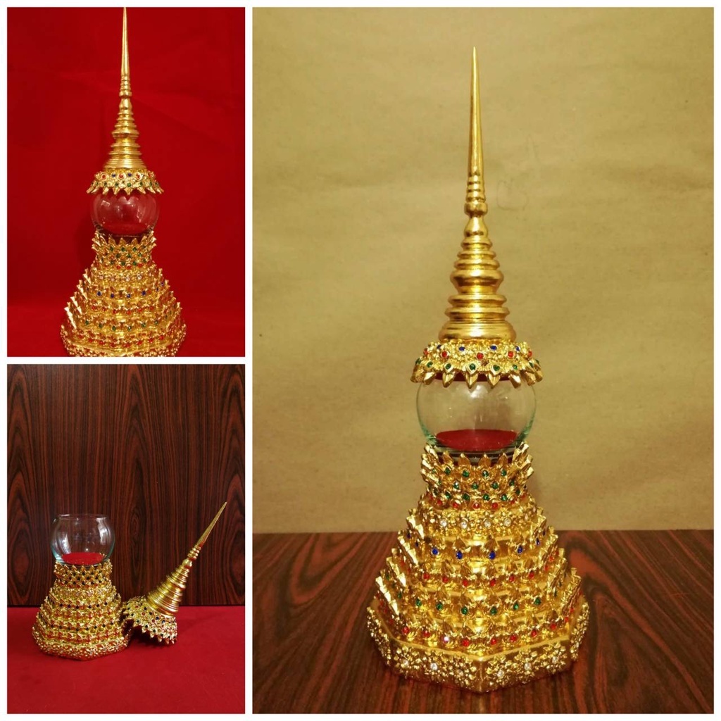 เจดีย์ ใส่พระธาตุ ทรงแปดเหลี่ยมปลายปลายเรียว(S/LL) ฐาน10เซน สูง27เซน งานปิดทอง