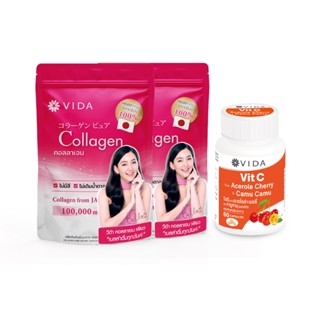 [TwoTone Set] Vida Collagen Pure 100g. 2 Sachets  x Vit C Acerola cherry &amp; Camu-Camu 60 Capsules 1 Unit