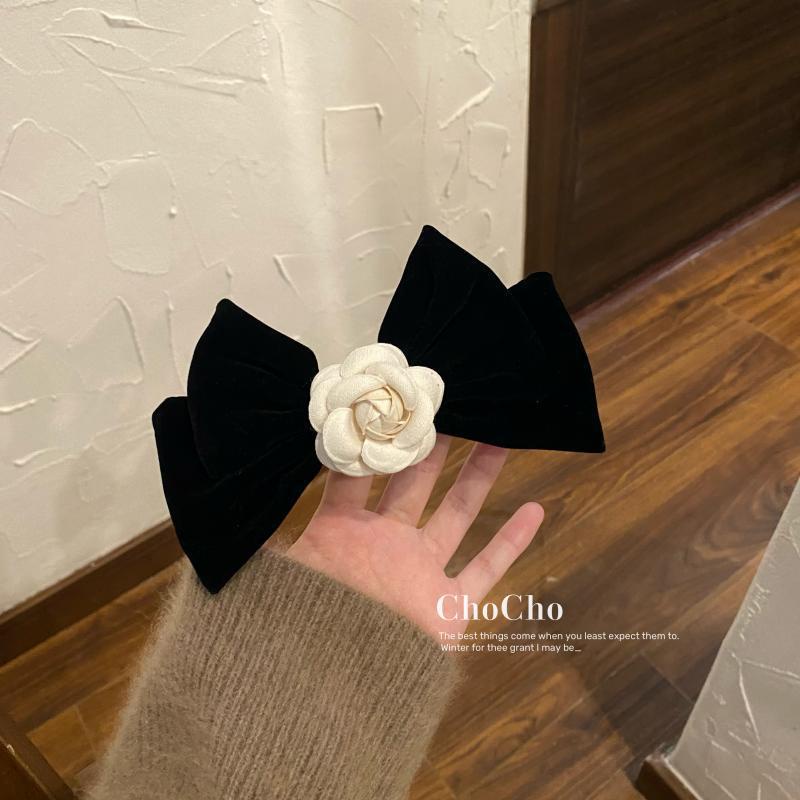 2022 เครื่องประดับผมโบว์ดอกเคมีเลียกํามะหยี่ย้อนยุค - รูปที่ 5