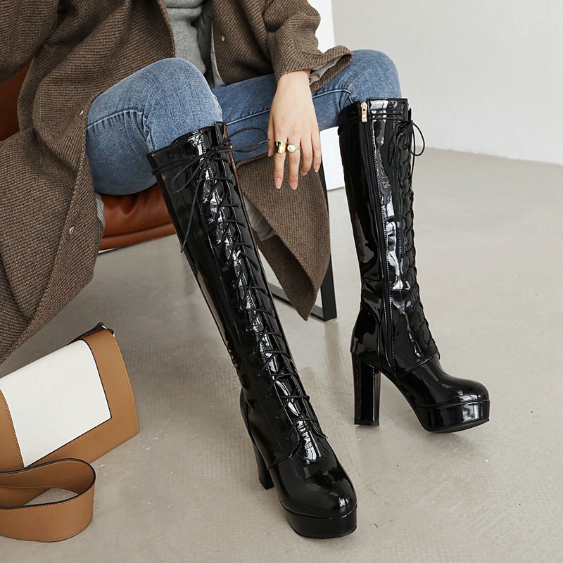 รองเท้าไซส์ใหญ่ (40-48) Bigsize รองเท้าบูทยาว ส้นสูง 4 นิ้ว เสริมหน้า 1 นิ้ว มีซิปข้าง มีเชือกปรับขยายได้ (2083)