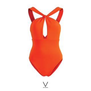 V ACTIVEWEAR SS2022 DRAPE FRONT ORANGE SWIMMING SUIT ชุดว่ายน้ำจับเดรปด้านหน้า มีฟองน้ำในตัวผ้าหนา กัน UV UPF 50+