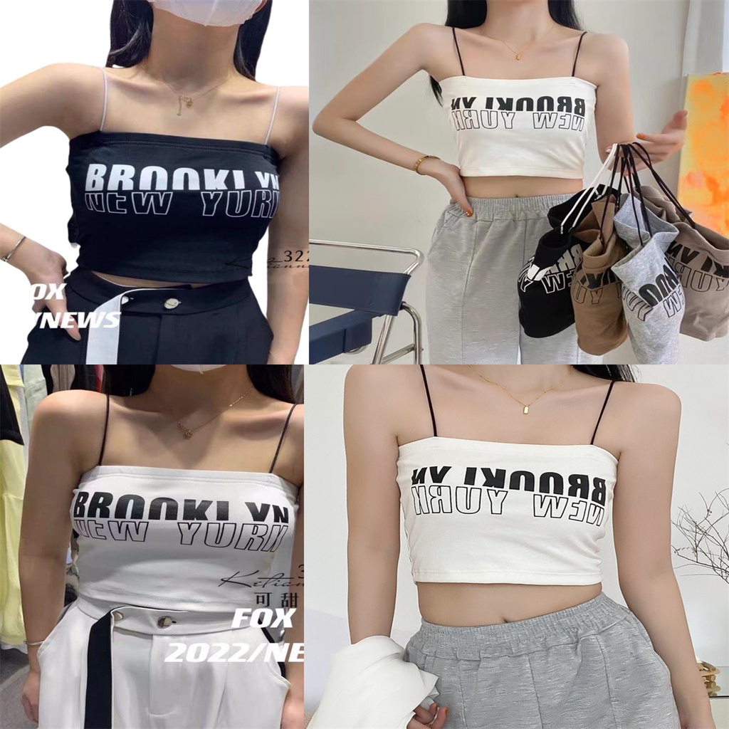 Y322#เสื้อเกาะอก สายเดี่ยว มีฟองน้ำ ผ้ายืด ผ้านิ่ม รูปแบบภาษาอังกฤษ ใส่สบาย