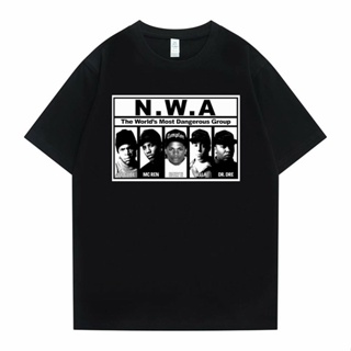 เสื้อยืดผู้หญิง ฮิปฮอปแร็พ N.W.A เสื้อยืดกลุ่มที่อันตรายที่สุดในโลกก้อนน้ําแข็ง Mc Ren Eazye Yella Dr.dre พิมพ์กราฟิก Ts