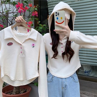 Autumn New Embroidery Flower Slim Irregular Polo Collar Hooded Short Sweatershirt Women