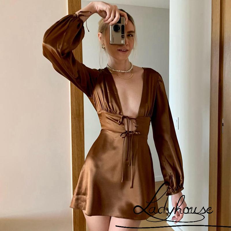 Ldd-womens ชุดเดรสแขนยาวลําลองแฟชั่นสีทึบ Tie-up V คอBackless A-line Dress