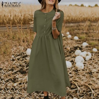 ZANZEA Women European Daily Half Sleeve Buttoned and Pleated A-line Dresses