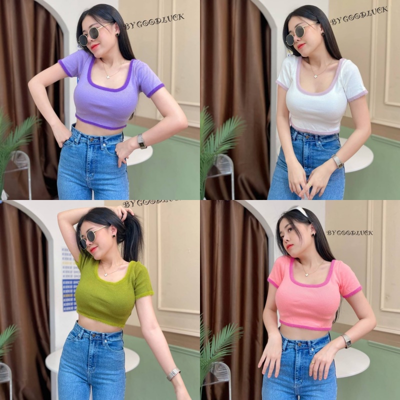 MesubShop เสื้อครอปขนมิ้งขอบ Croptop ไหมพรม ฟูๆ รุ่น ใบสน