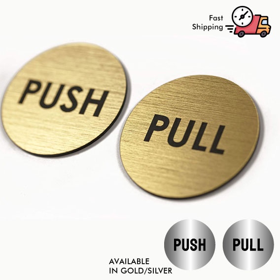 Gold/Silver Push Pull Door Signs ชุด 2 2" รอบ - เลเซอร์แกะสลักอะคริลิคในร่มและกลางแจ้ง Signage