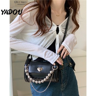YADOU ใหม่ กระเป๋าหัวเข็มขัดพร้อมล็อคและหัวใจ กระเป๋าสะพายข้างสายโซ่   หนัง PU สีดำ Bright Bread