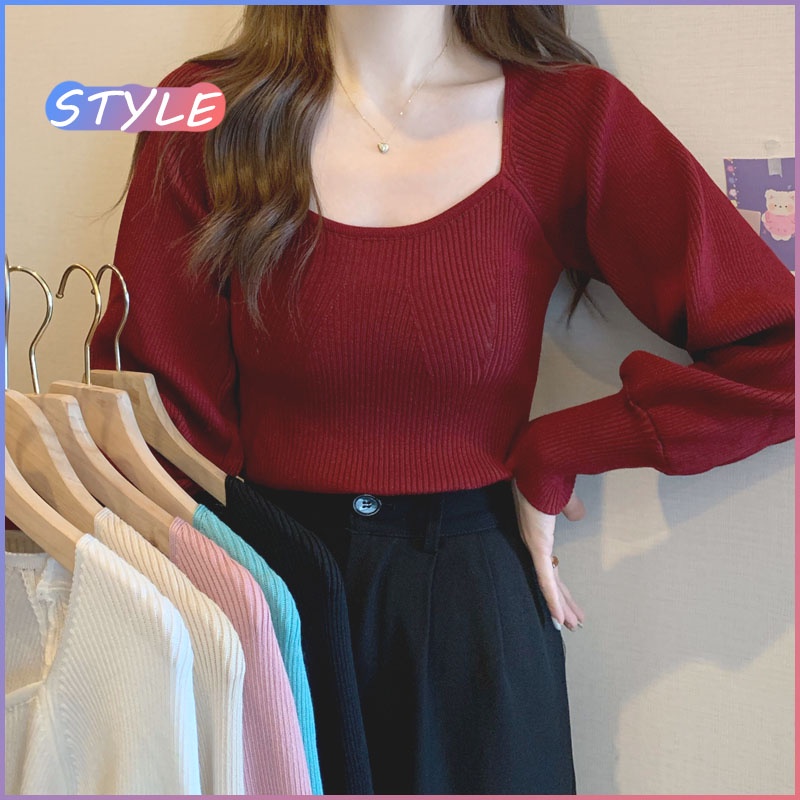 STYLE J136* สไตล์เกาหลี เสื้อไหมพรมแขนยาวทรงสวย