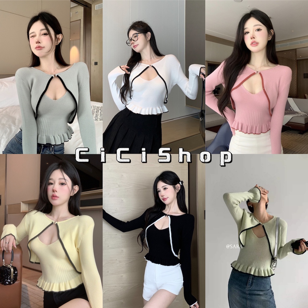 Cicishop(SALE T1688)SET 2ชิ้น สายเดี่ยว +เสื้อคลุมแขนยาวไหมพรมผ้าร่อง ดีเทลชายระบาย มีตะขอหน้าอกสไลต