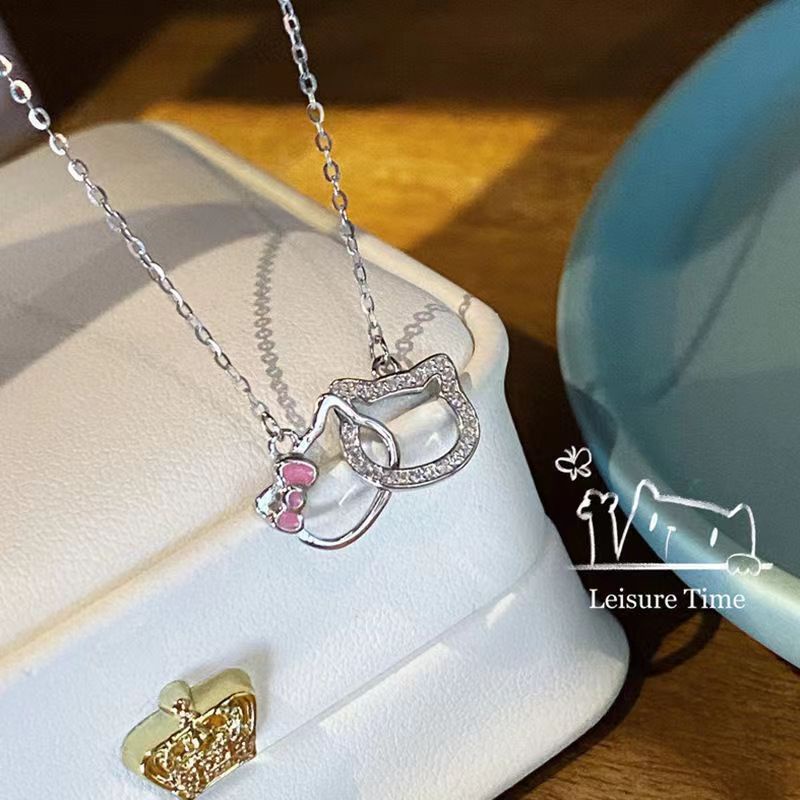 Mhang สร้อยคอโซ่ จี้รูปแมว Hello Kitty ประดับเพชร สีชมพู สไตล์เกาหลี โรแมนติก หวานแหวว สําหรับผู้หญิง