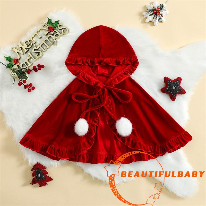 Beauty-kids Girls Christmas Cloak Soft Hooded Frills Cape with Plush Balls