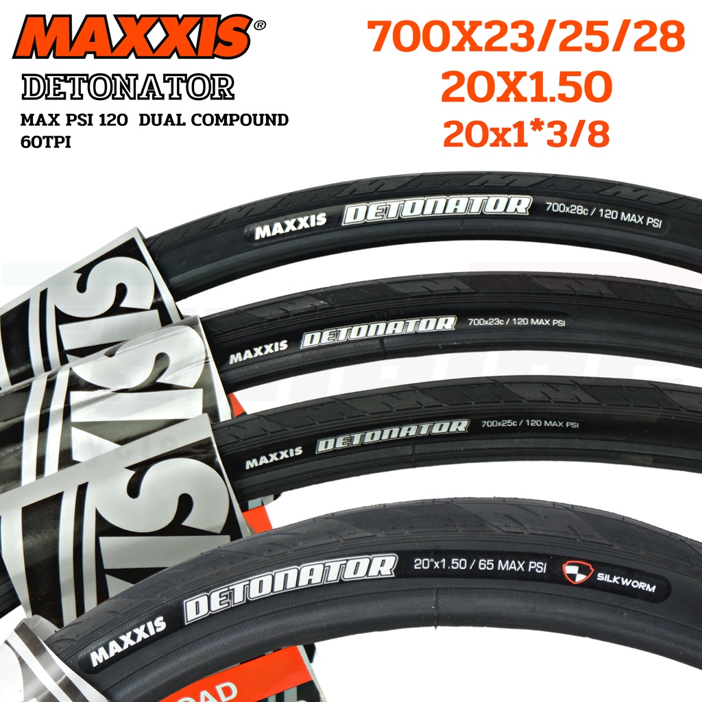 ยางนอกขอบลวด MAXXIS Detonator ยางซ้อม (Training) Silkworm Protection สีดำ เลือกขนาด 700×23/25/28 และ