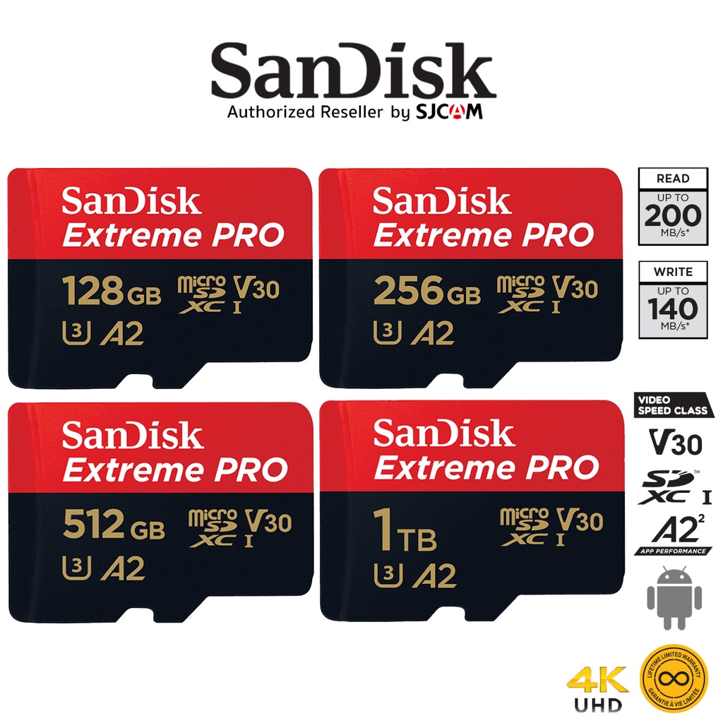 SanDisk Extreme PRO microSD Card 128GB 256GB 512GB 1TB UHS-I A2 Speed 200 (SDSQXCD) เมมโมรี่การ์ด