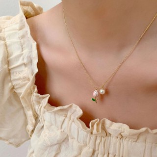 สร้อยคอแฟชั่น ประดับไข่มุก ดอกทิวลิปน่ารัก สีชมพู เรียบง่าย
