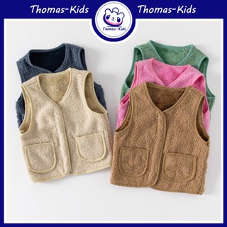 [THOMAS Kids] เสื้อกั๊กกันหนาว แขนกุด ผ้ากํามะหยี่ แต่งซิป ให้ความอบอุ่น สีพื้น สําหรับเด็กผู้ชาย และเด็กผู้หญิง อายุ 1-8 ปี