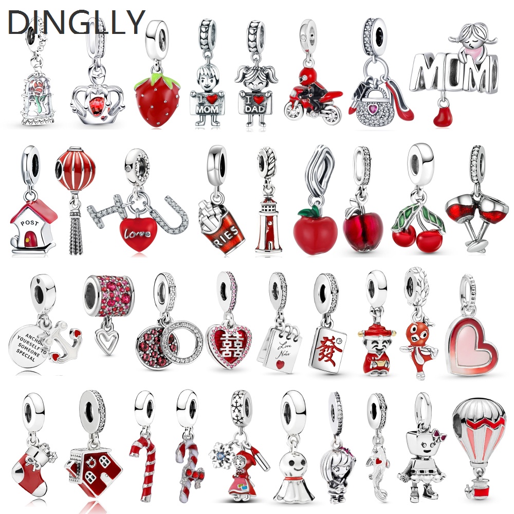Dinglly จี้ลูกปัด รูปผลไม้ สีแดง สีเงิน สําหรับทําเครื่องประดับ DIY