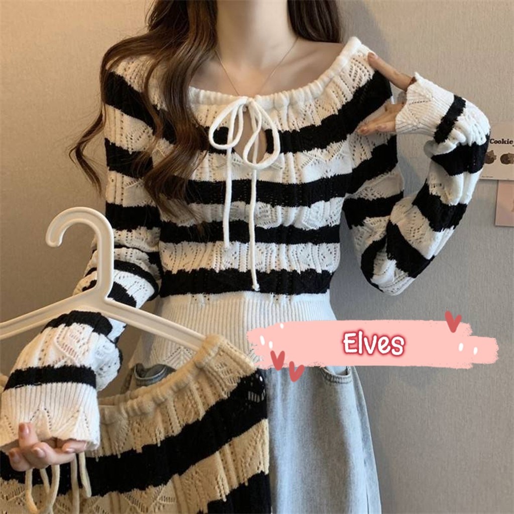 Elves พร้อมส่ง เสื้อถักไหมพรมแขนยาว ใส่ได้2แบบเก๋มาก ~1682~ -C