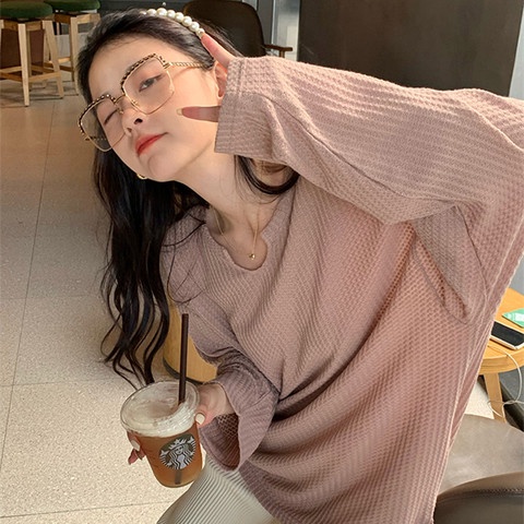 มี 4 สี เสื้อสเวตเตอร์ผู้หญิงวาฟเฟิลสไตล์เกาหลีแขนยาวหลวม【9003】