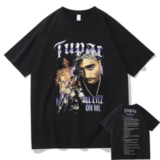 เสื้อยืดแฟชั่น Tupac 2pac ALL EYEZ รถมอเตอร์ไซด์วินเทจพิมพ์ Tshirt ฤดูร้อนผู้ชายแฟชั่นแร็พสตรีทเสื้อยืดเพลย์บอยคาร์ติฮิป