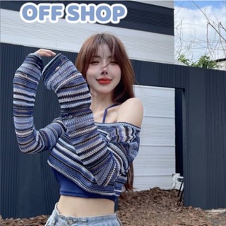 OFF SHOP พร้อมส่ง (OFF-J256) เสื้อคล้องคอ+เสื้อครอปสั้น ดีเทลลายทางดีน้ำเงินน่ารัก