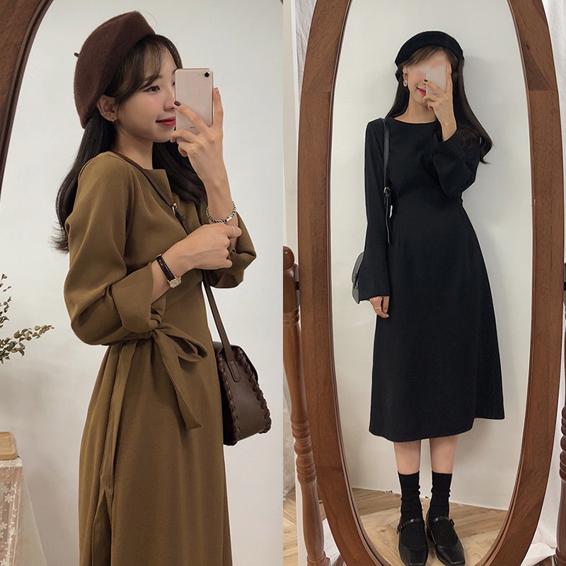 ชุดเดรสกระโปรงยาว คอกลม เข้ารูป สีพื้น สไตล์วินเทจ แฟชั่นฤดูใบไม้ผลิ และฤดูใบไม้ร่วง สําหรับสตรี