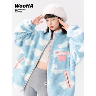 WooHa Winter Blue Sky and White Clouds Windproof Warm Loose Lamb Wool Coat โค้ทขนแกะ ลายก้อนเมฆ เสื้อกันหนาวเกาหลี