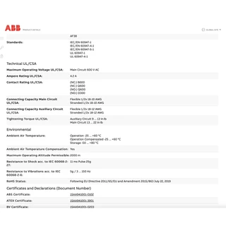 ABB โอเวอร์โหลดรีเลย์ TF42 กระแส (0.10A - 38A) Thermal Overload Relay สำหรับคอนแทคเตอร์ AF09 - AF38