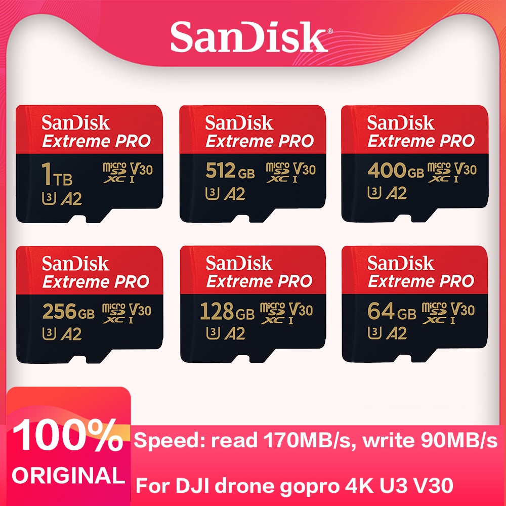 Sandisk Extreme Pro 1TB 512GB SDXC UHS-I แฟลชการ์ด micro SD USB 3.0 การ์ดรีดเดอร์ micro SD การ์ดหน่วยความจํา V30 A2 4K สําหรับโดรนกล้อง
