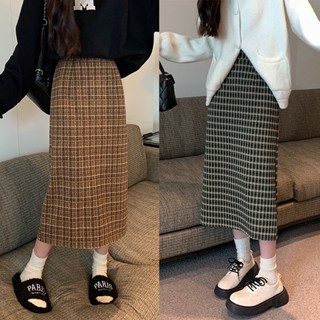 Suxi Autumn High Waist Plaid Vintage Slim Fit Womens Midi Skirt A-line Skirt