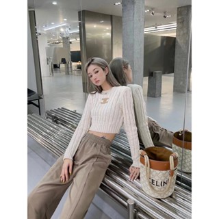 CELINE 2022 autumn and winter New sweater short logo leather brand woolen top imported acrylic blended yarn