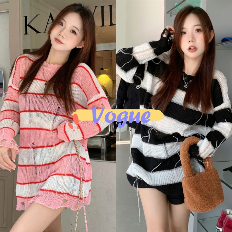 Vogue พร้อมส่ง เสื้อแขนยาวไหมพรม ดีเทลลายทางขาดๆ เท่ไม่ซ้ำใคร (M5813) -C