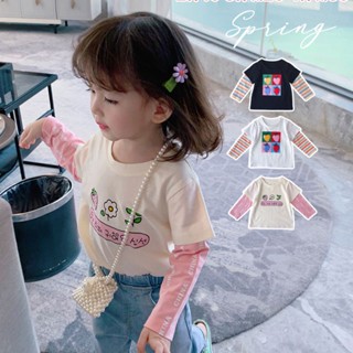 [Babycat] พร้อมส่ง ขายดี เสื้อยืดแขนสั้น ผ้าฝ้ายแท้ พิมพ์ลายทาง สไตล์เกาหลี ญี่ปุ่น ฤดูใบไม้ผลิ ฤดูใบไม้ร่วง สําหรับเด็กผู้หญิง 2 ชิ้น