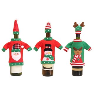 DE Christmas Wine Bottle Sweater Cover with Hat Set Santa Snowman Wine Bottle Bag