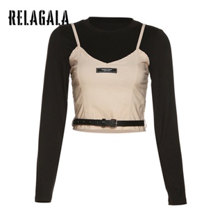 Relagala เสื้อยืด คอกลม แขนยาว สีพื้น ทรงสลิม แฟชั่นสําหรับผู้หญิง