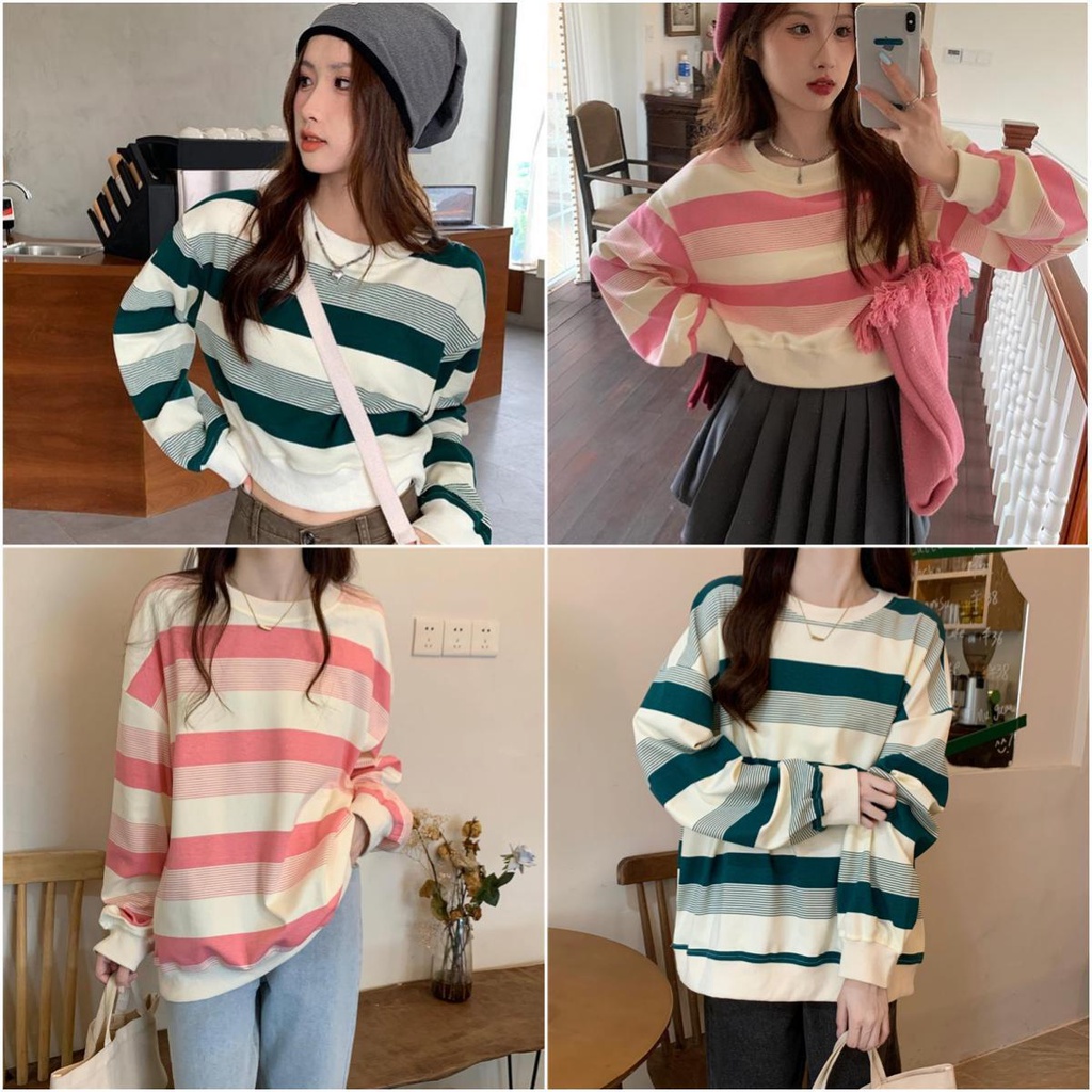 suysuy พร้อมส่ง เสื้อแขนยาวลายทาง เสื้อแขนยาวทรงโอเว่อร์ไซต์ ใส่สบายผ้าหนานุ่ม มีสี ชมพู เขียว