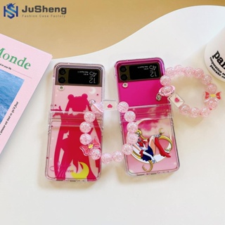 Jusheng เคสโทรศัพท์มือถือ แบบใส ลายเด็กผู้หญิงสวย สามชิ้น (เคส+โซ่) สีชมพู สําหรับ Samsung Z Flip4 Z Flip3