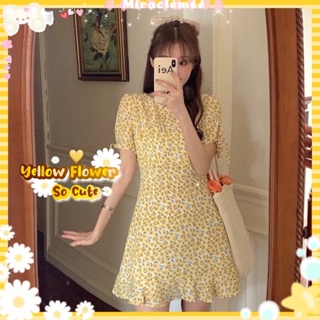 ไซส์ใหญ่ พร้อมส่ง Yellow Flower เดรสลายลายดอกไม้ แขนผูกโบว์  โทนสีเหลือง น่ารักเบาๆ เดรสลายดอก เดรสกระโปรง งานป้ายypy