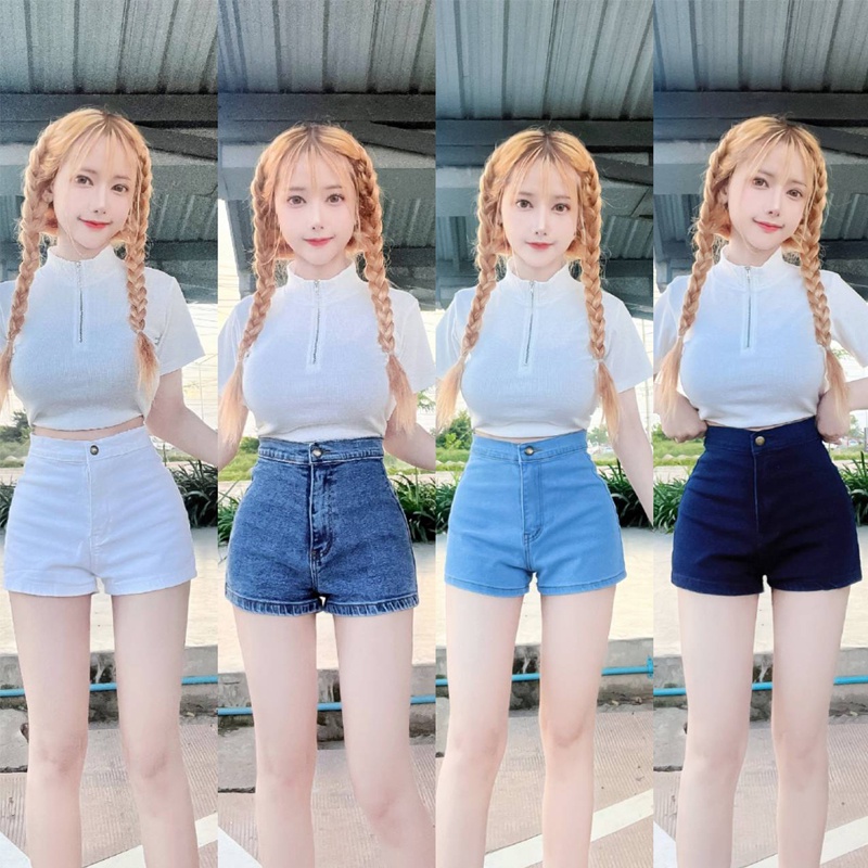 กางเกงยีนส์ขาสั้นเอวสูง หน้าเรียบ สไตล์เกาหลี ทรงสวยมาก❣️