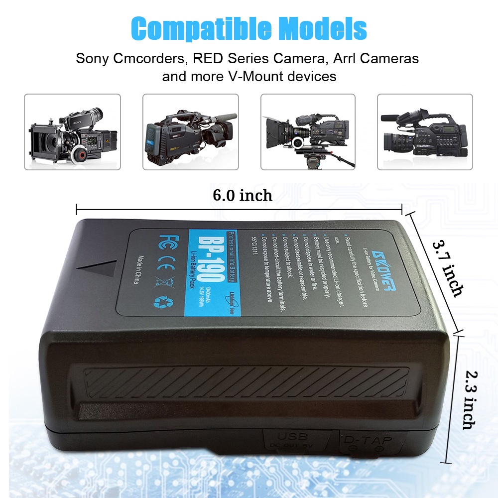 SKOWER 14.8V 198Wh(13400mAh) BP-190 V-Mount V-Lock V-Shape V Mount Rechargeable Li-ion Battery With USB Port D-Tap Cha #8