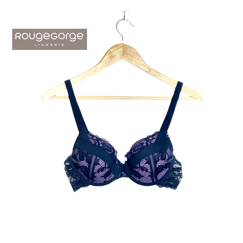 Rouge Gorge(รูจ จอร์จ) Sexy Bra แบรนด์ฝรั่งเศสเสื้อชั้นในสีม่วงดำลูกไม้แน่น สายใหญ่ใส่สบายไม่บีบรัด หมดแล้วหมดเลย75B