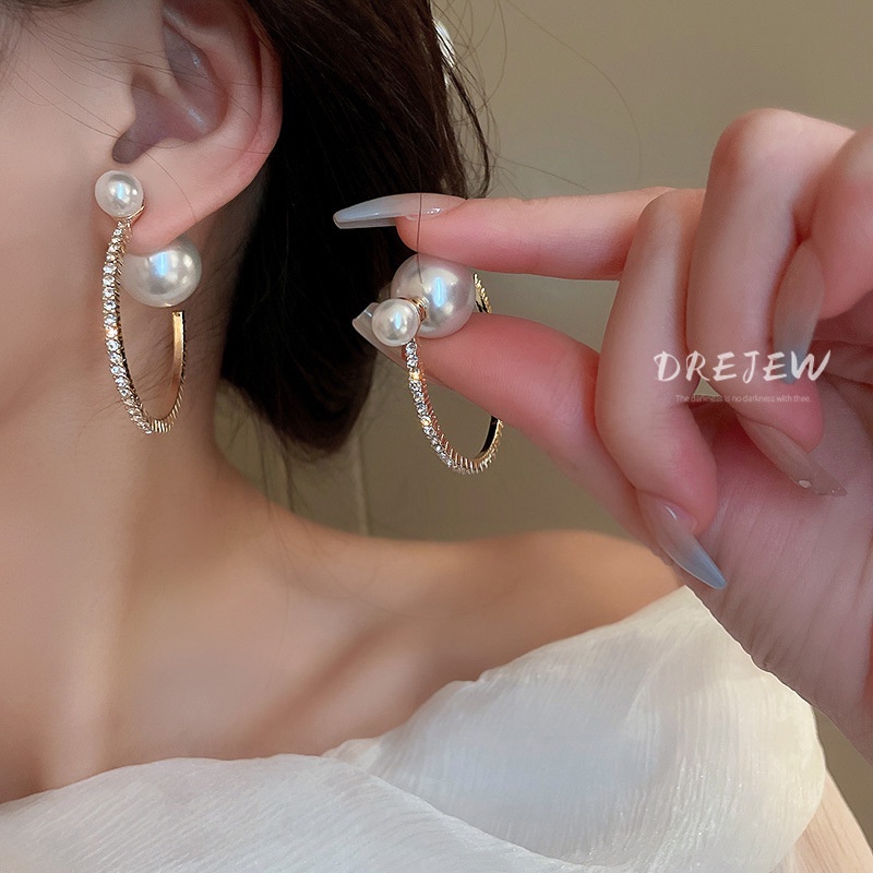 DREJEW ต่างหูเข็มเงิน ทรงเรขาคณิต ประดับไข่มุก เพชร สไตล์ฝรั่งเศสต่างหูห่วงต่างหูแฟชั่น 2