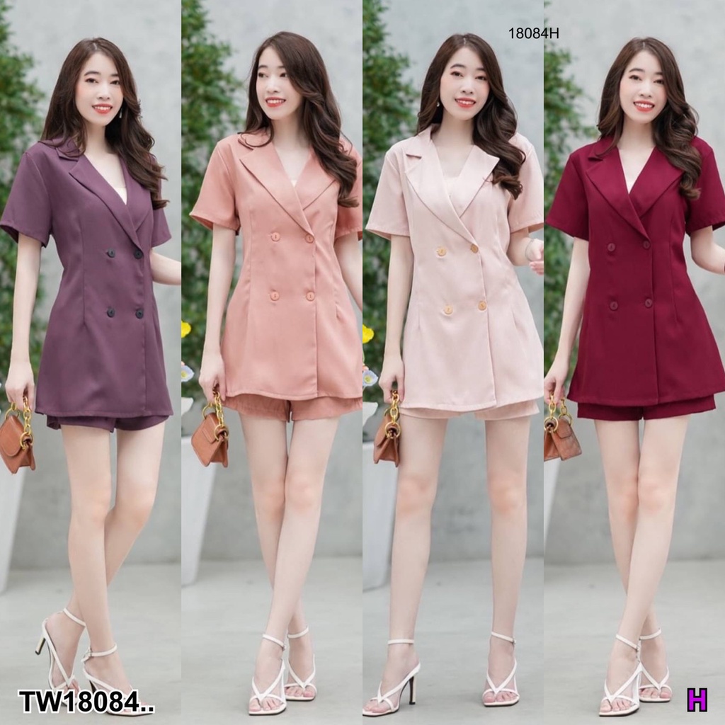 TwinsShopVip พร้อมส่ง TW18084 Set 2 ชิ้น เสื้อปกสูทเทเลอร์ + กางเกงขาสั้น ..