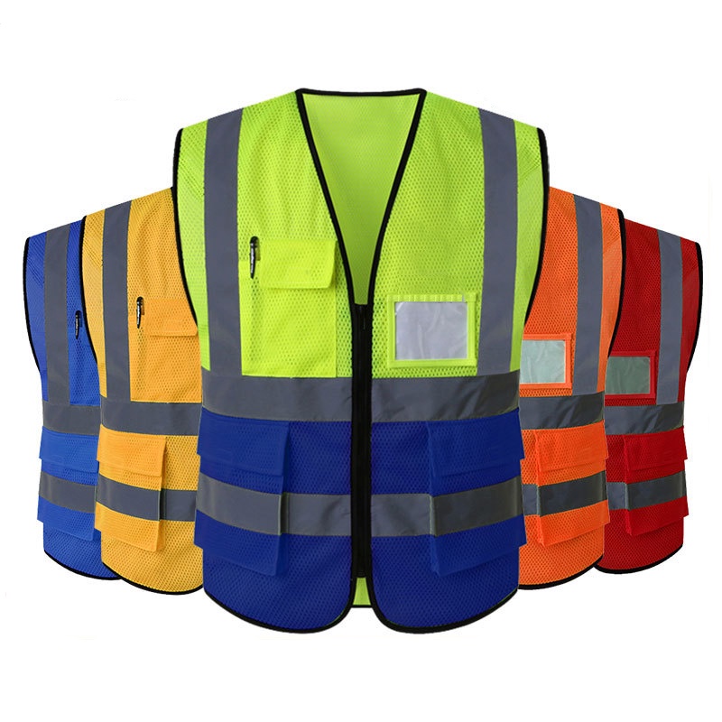 11 สี (L-5XL) Hi Vis Viz การมองเห็นสูงสะท้อนแสงกระเป๋าซิปความปลอดภัยเสื้อกั๊กแจ็คเก็ต Workwear เสื้อกั๊ก